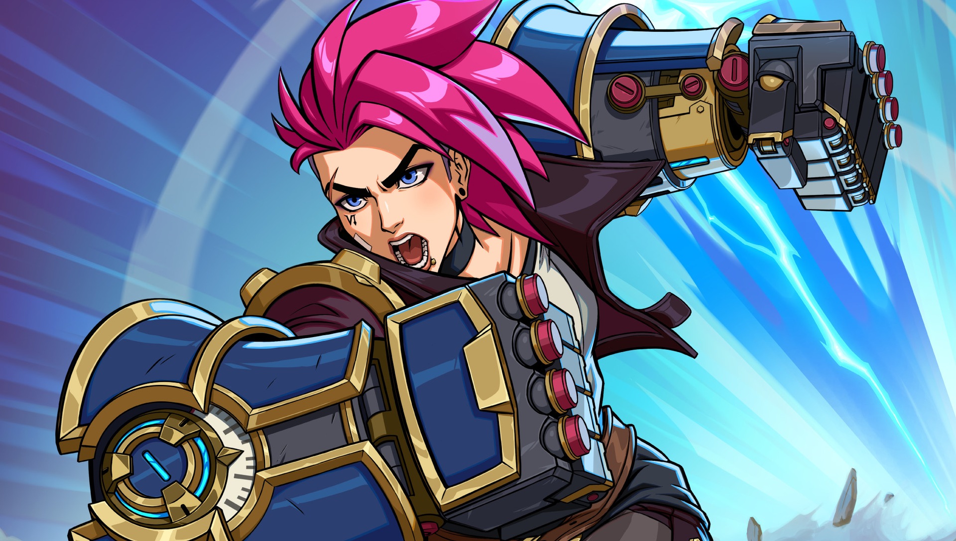 VI promo card illustration for 2XKO by Gabriel Alves at Magic Sword Studio