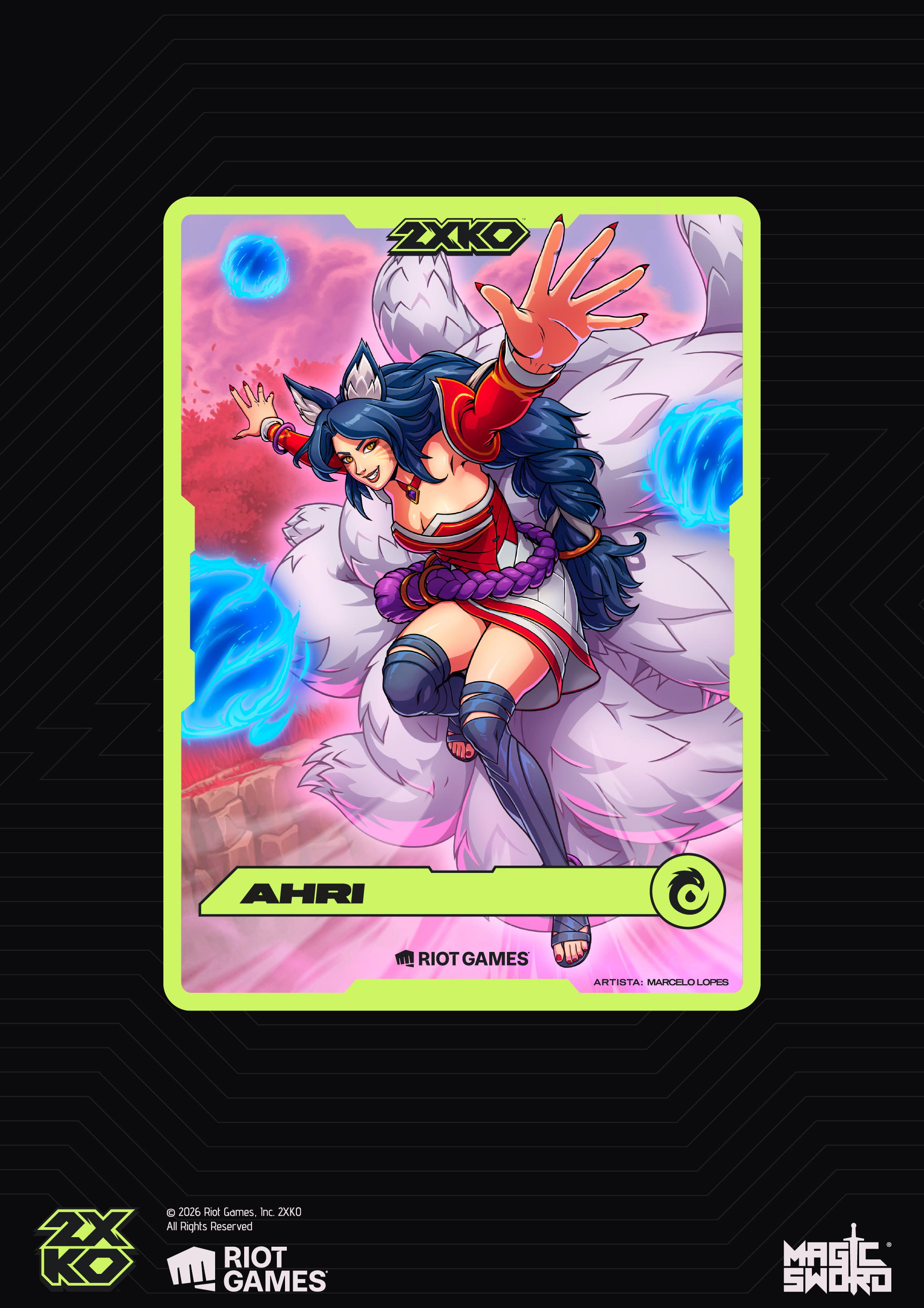 Finished Ahri 2XKO collectible promo card, illustrated by Marcelo Lopes (Maru) at Magic Sword Studio