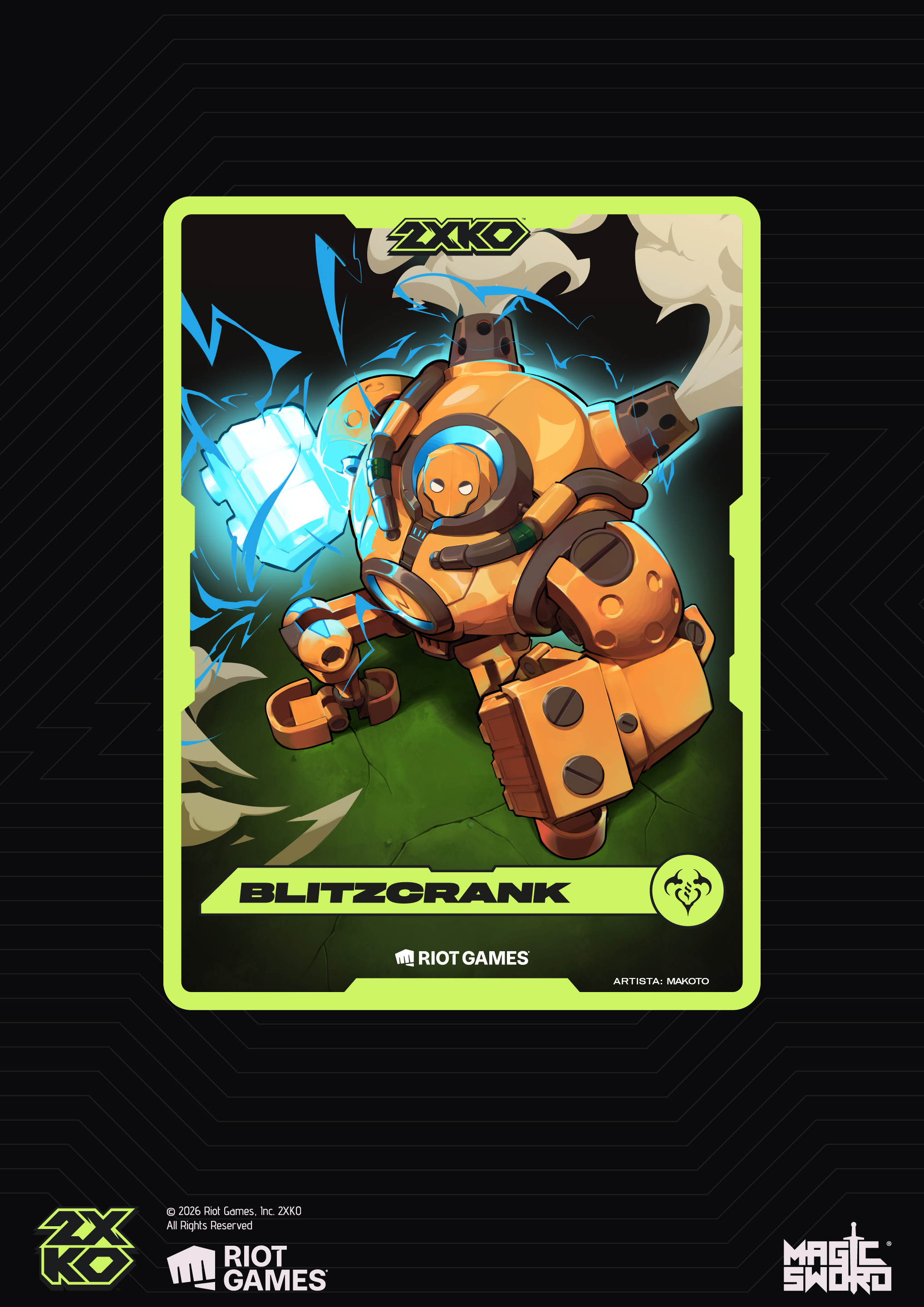 Finished Blitzcrank 2XKO collectible promo card, illustrated by Makoto at Magic Sword Studio