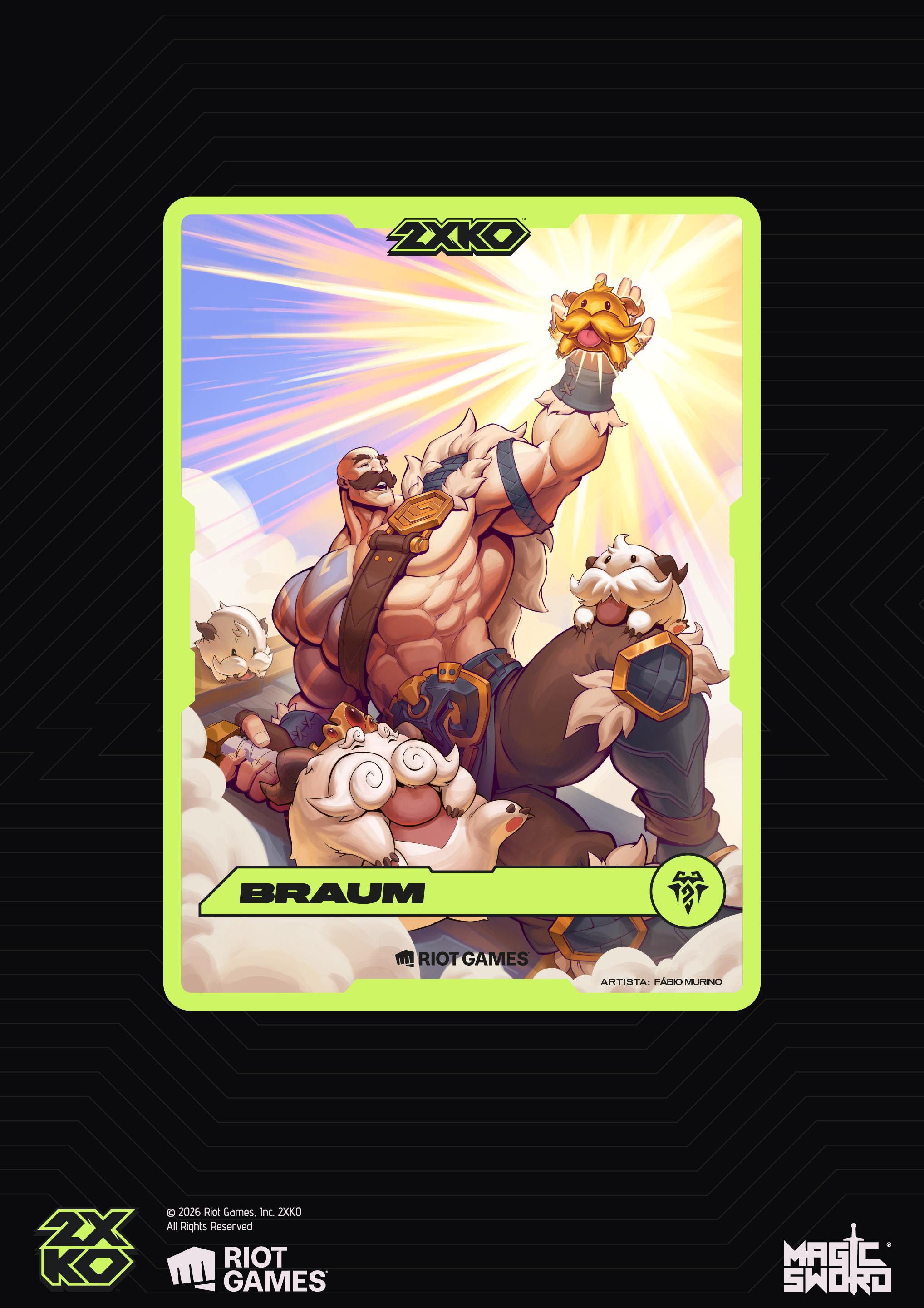 Finished Braum 2XKO collectible promo card, illustrated by Fabio Murino at Magic Sword Studio