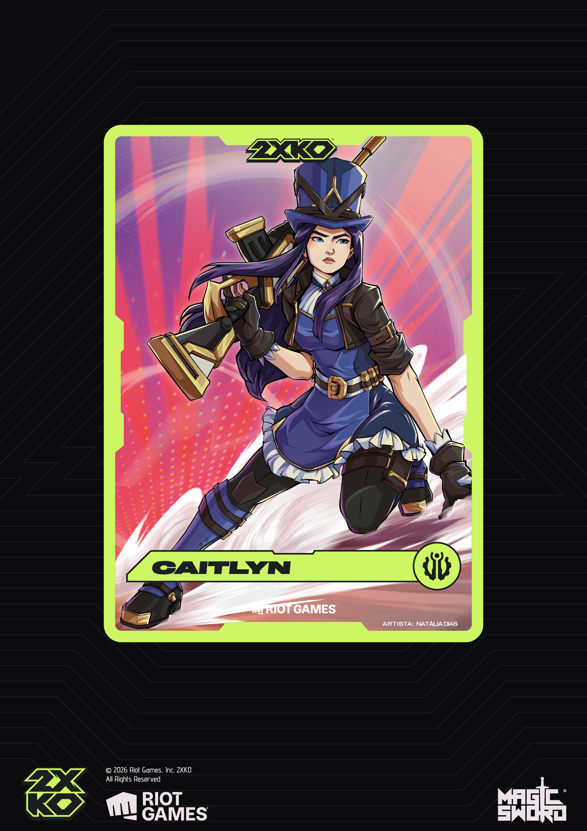 Finished Caitlyn 2XKO collectible promo card, illustrated by Natália Dias at Magic Sword Studio