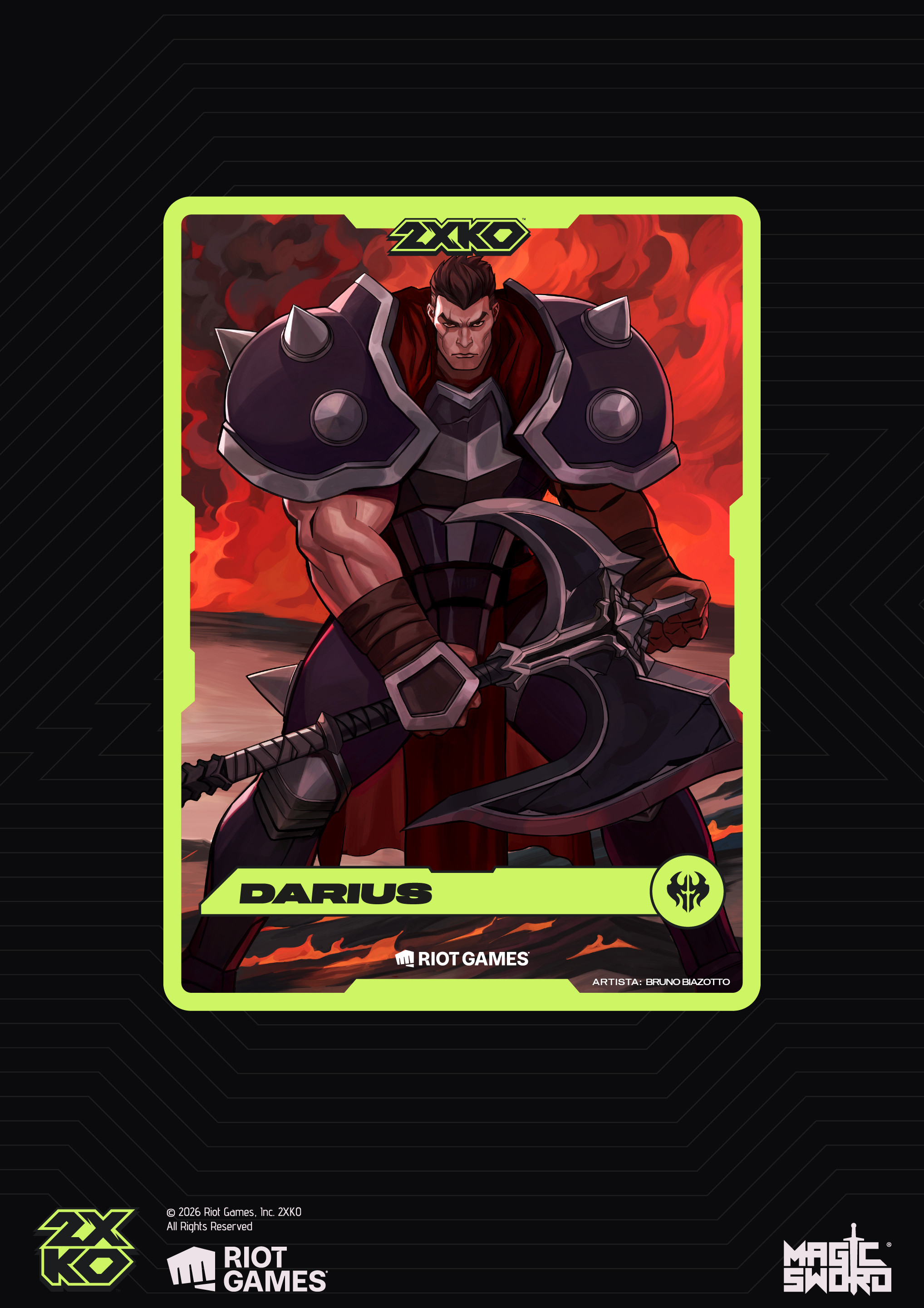 Finished Darius 2XKO collectible promo card, illustrated by Bruno Biazotto at Magic Sword Studio