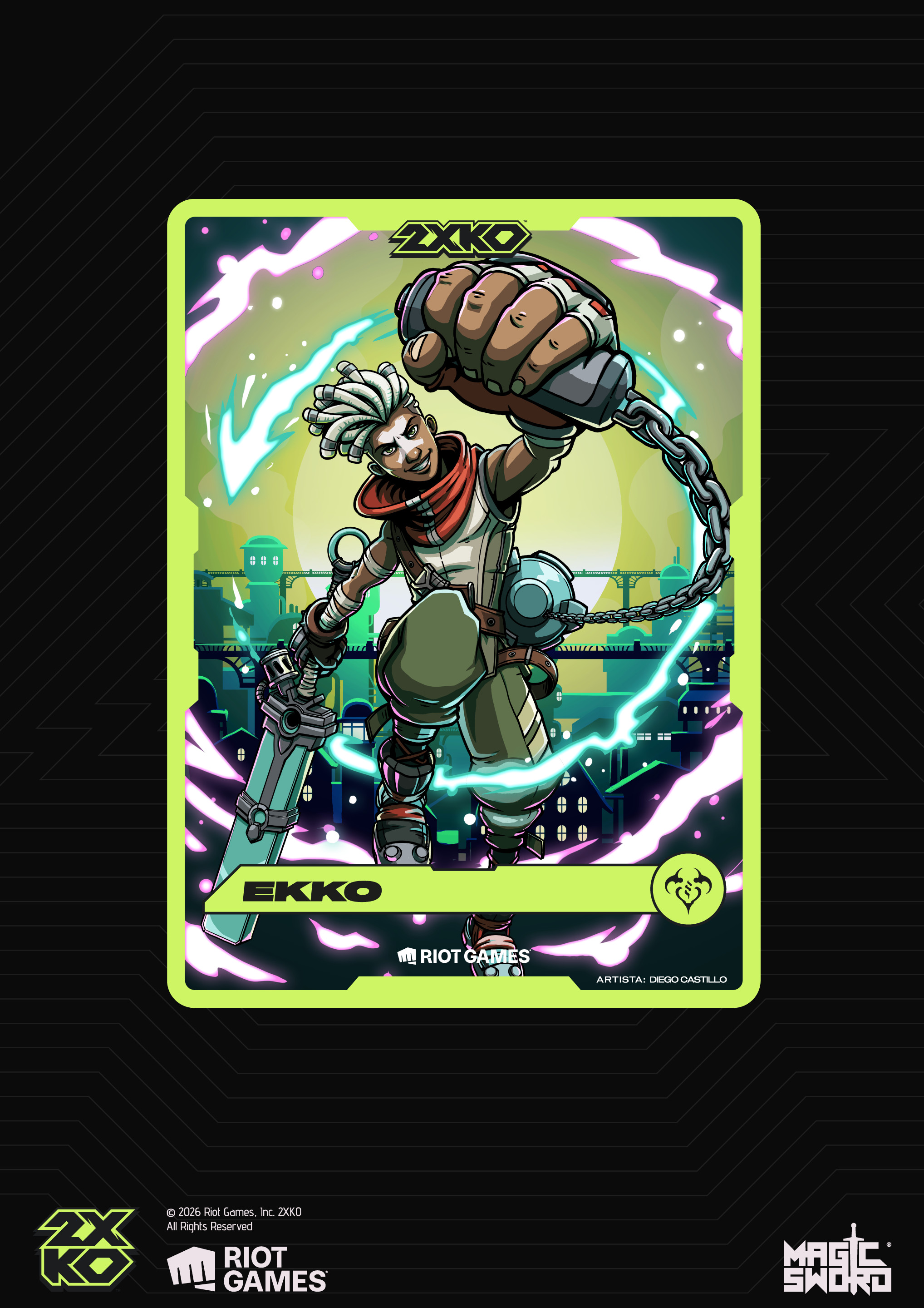Finished Ekko 2XKO collectible promo card, illustrated by Diego Catillo at Magic Sword Studio