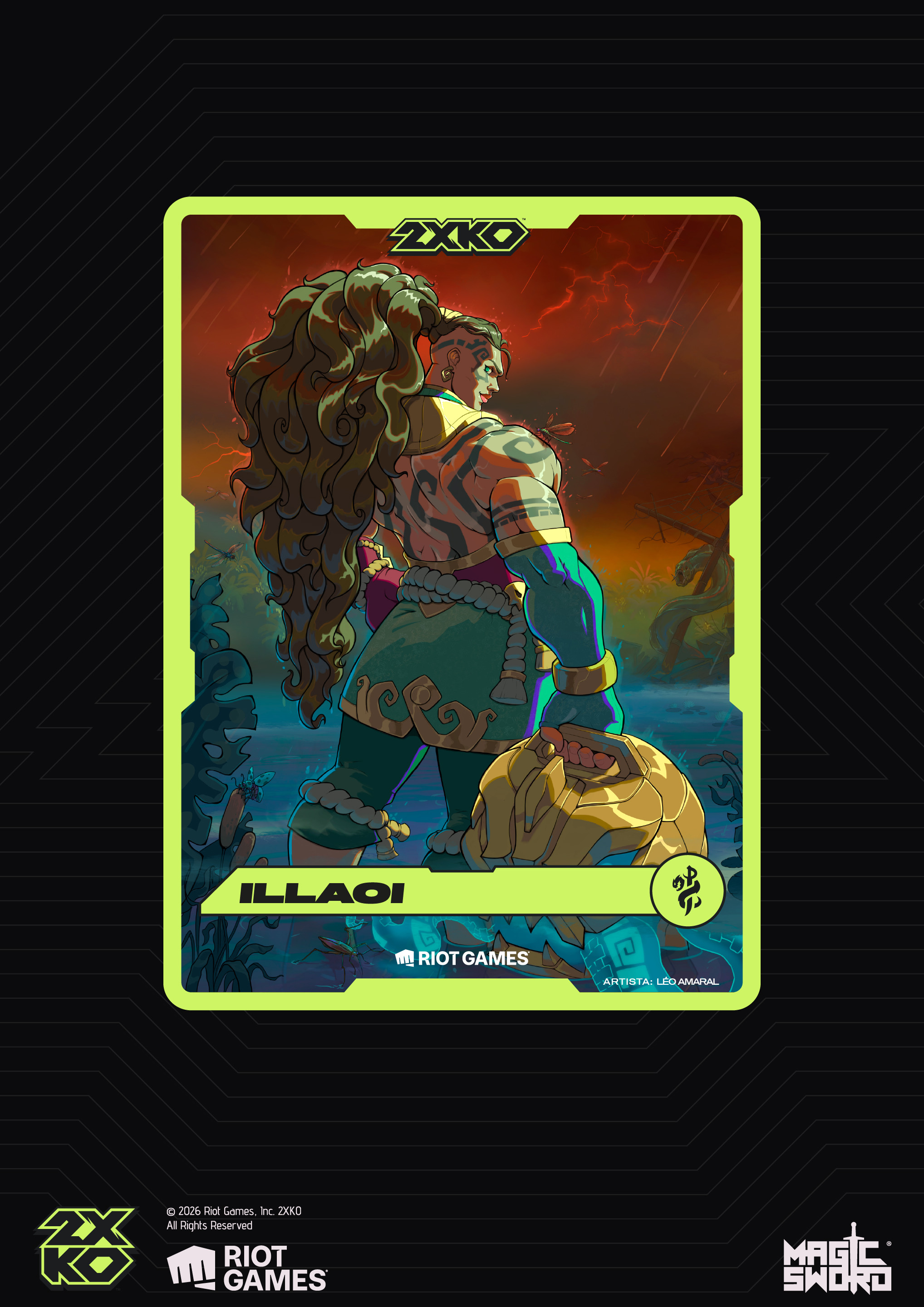Finished Illaoi 2XKO collectible promo card, illustrated by Leo Amaral at Magic Sword Studio