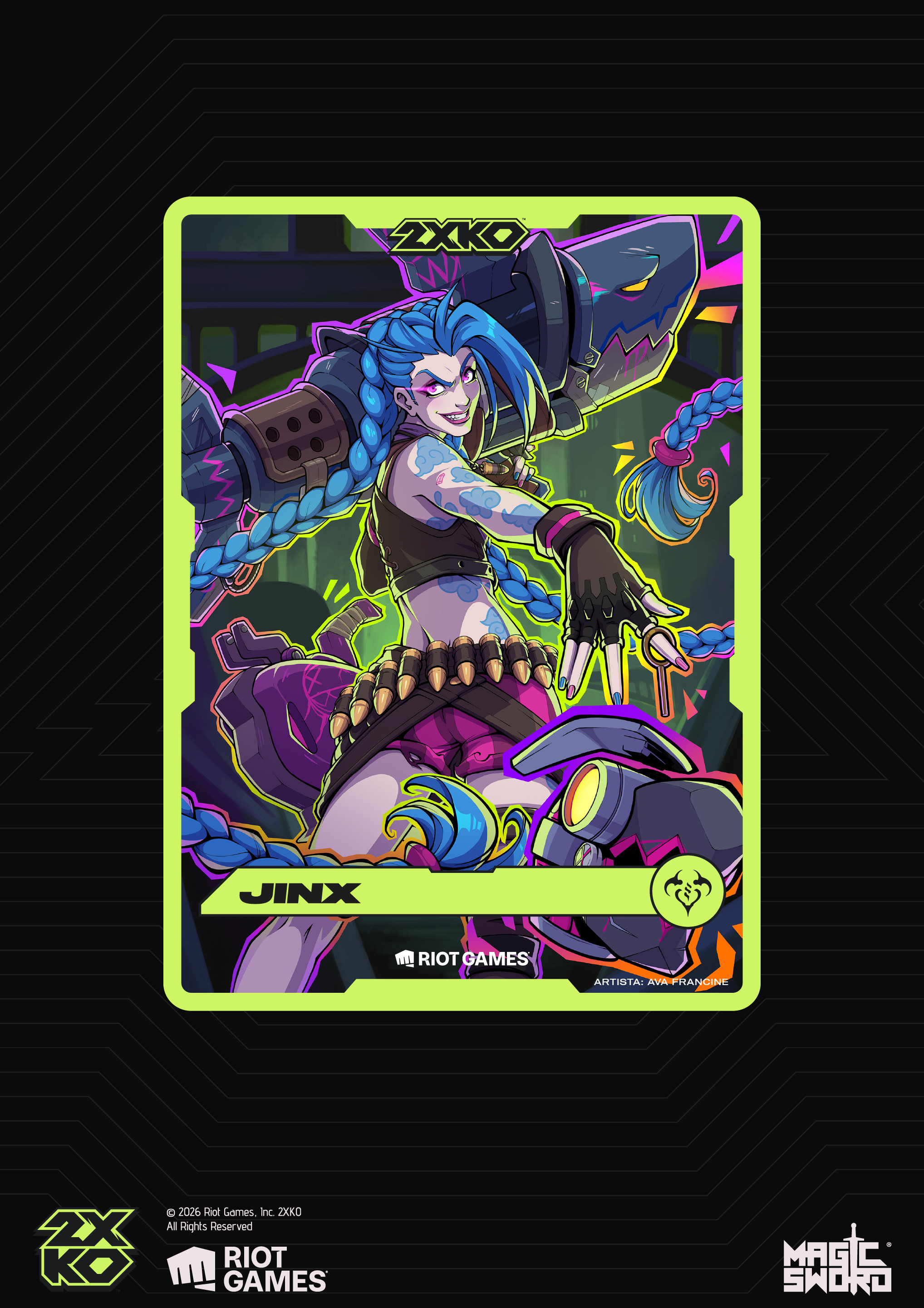 Finished Jinx 2XKO collectible promo card, illustrated by Ava Francine (Pepper) at Magic Sword Studio