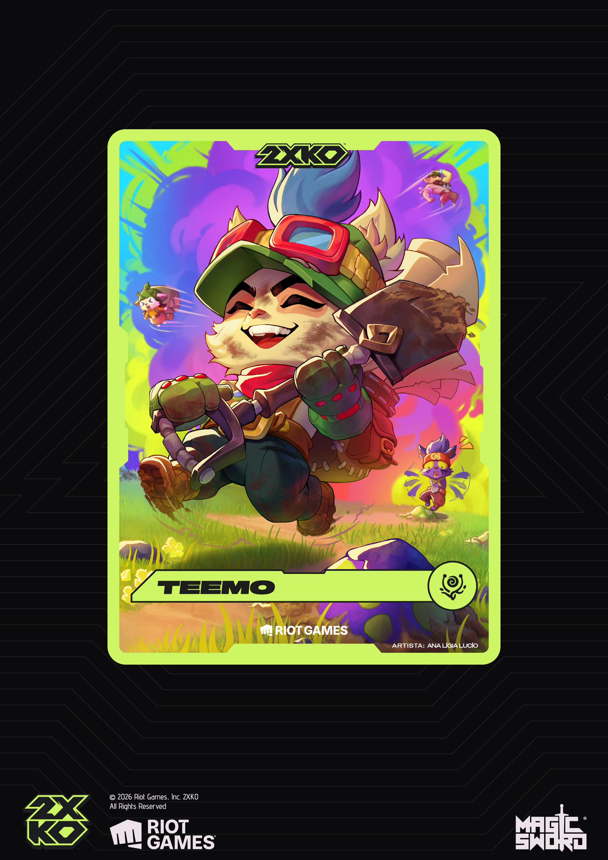 Finished Teemo 2XKO collectible promo card, illustrated by Ana Lígia at Magic Sword Studio