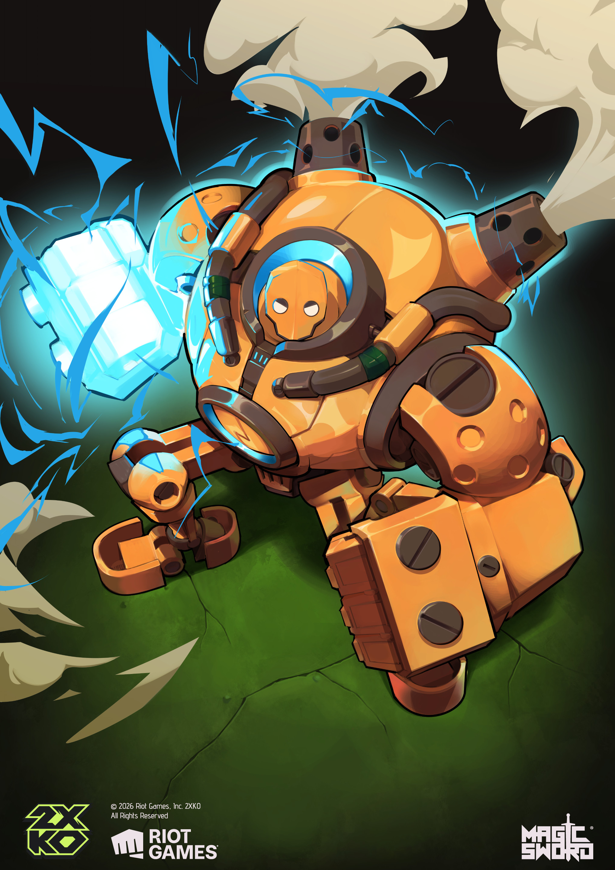 Blitzcrank promo card illustration for 2XKO by Makoto at Magic Sword Studio