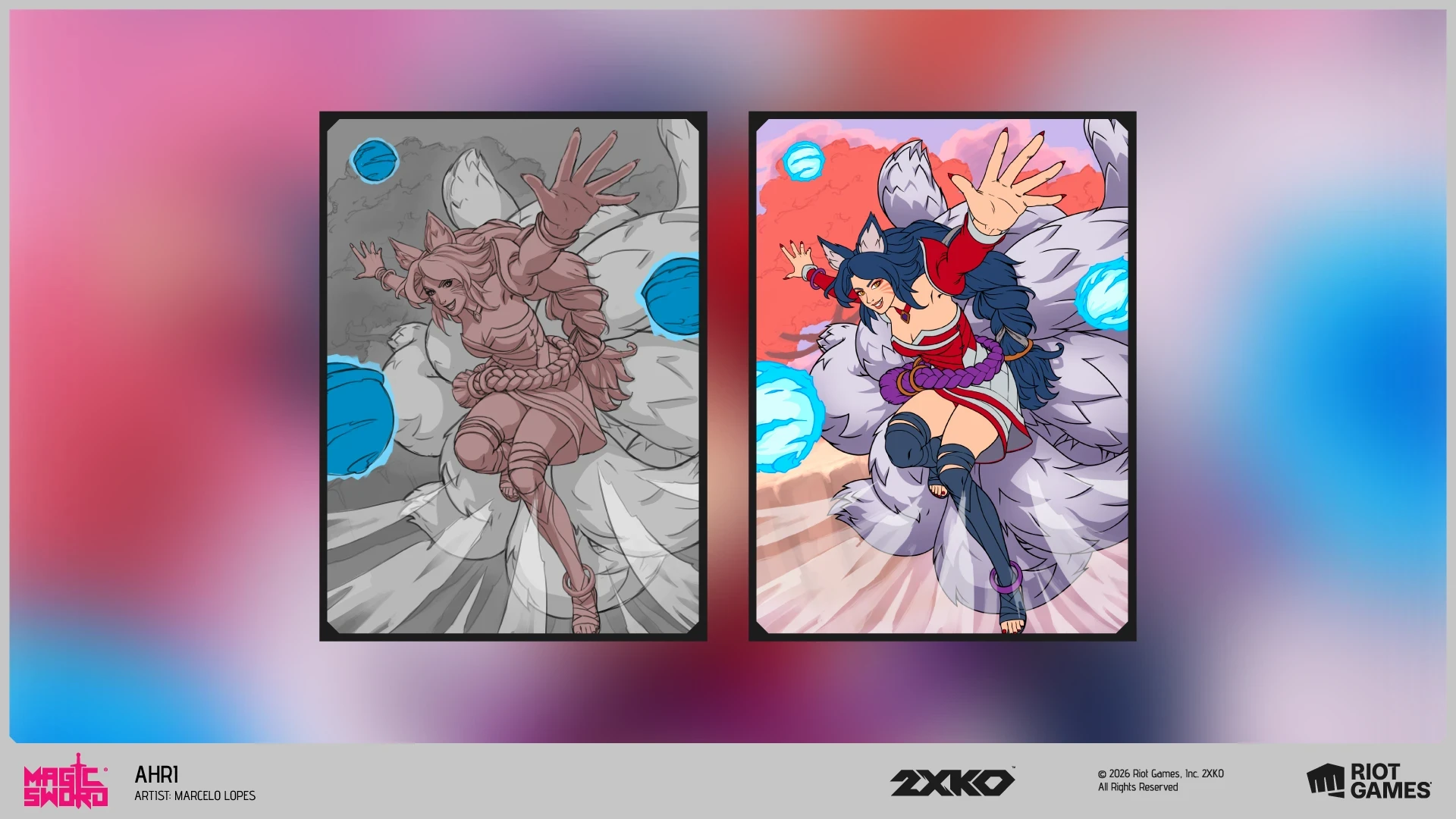 Process breakdown for the Ahri 2XKO promo card by Marcelo Lopes (Maru) showing sketch, value study and final artwork