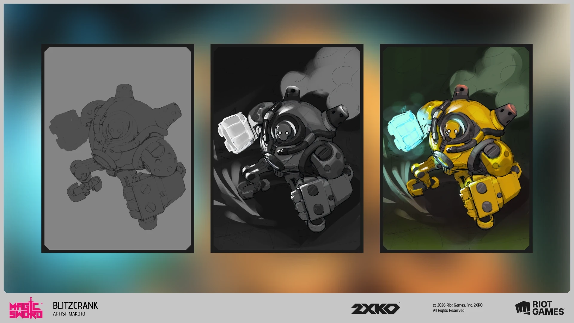Process breakdown for the Blitzcrank 2XKO promo card by Makoto showing sketch, value study and final artwork