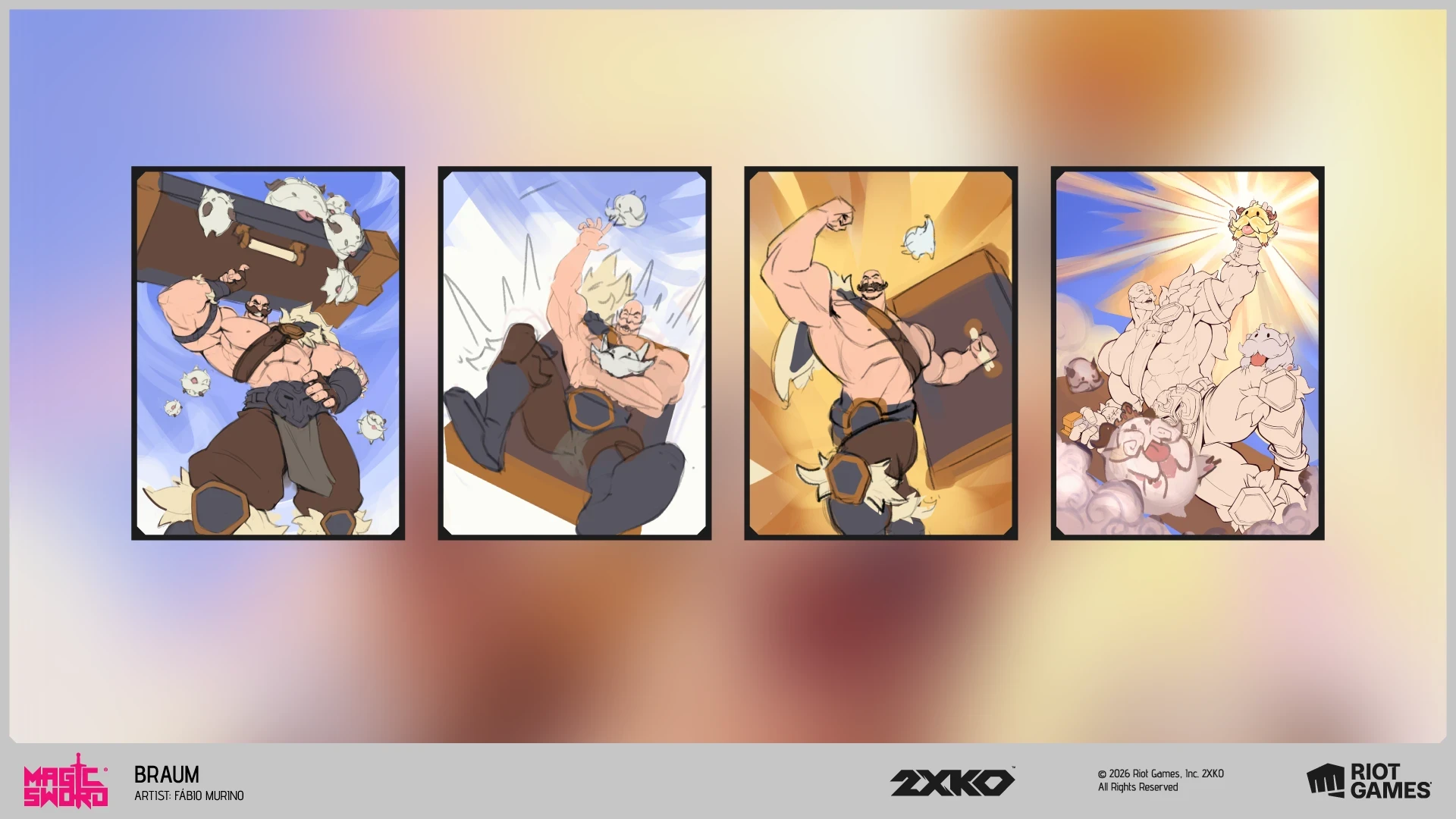Process breakdown for the Braum 2XKO promo card by Fabio Murino showing sketch, value study and final artwork
