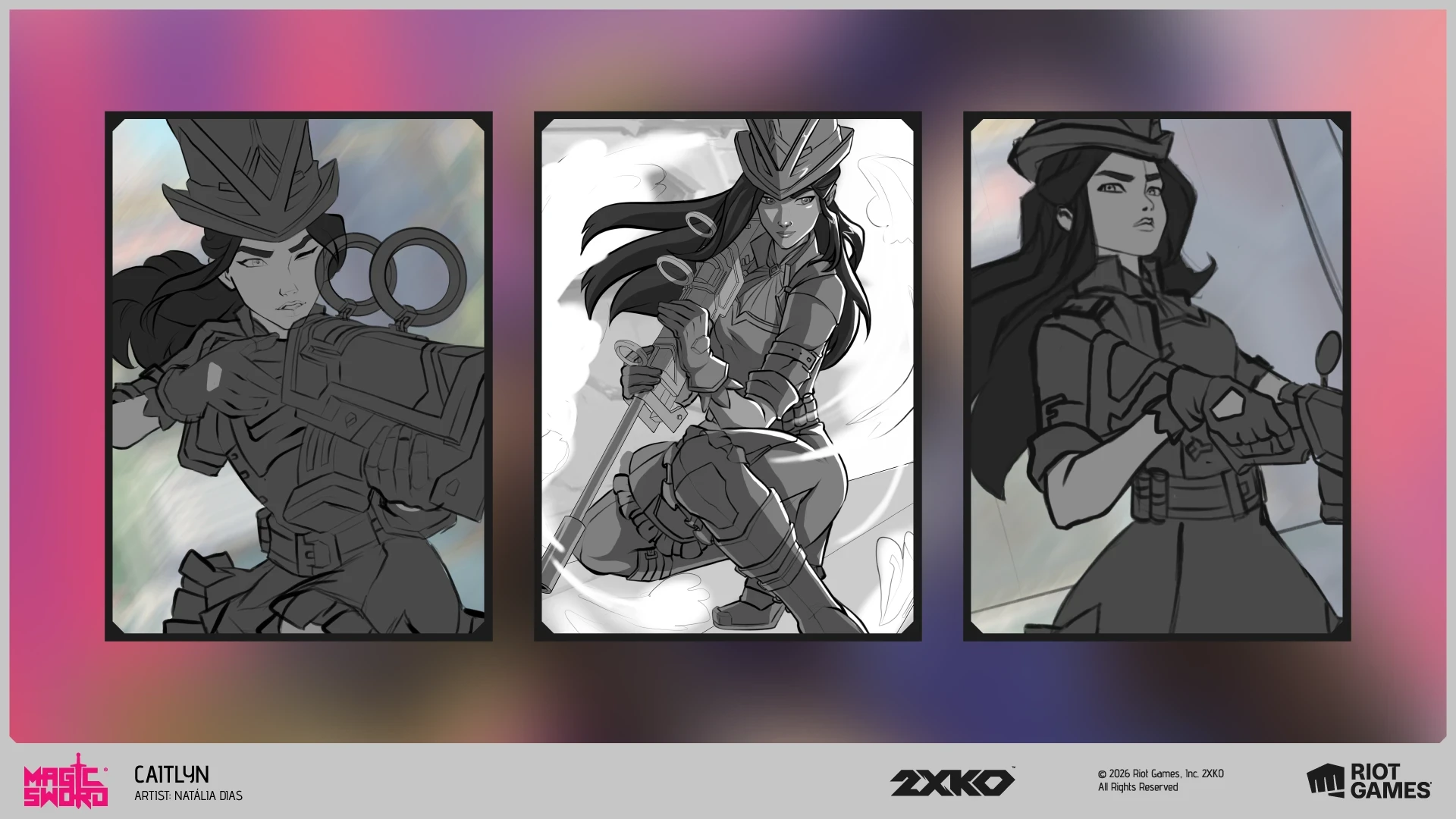 Process breakdown for the Caitlyn 2XKO promo card by Natália Dias showing sketch, value study and final artwork