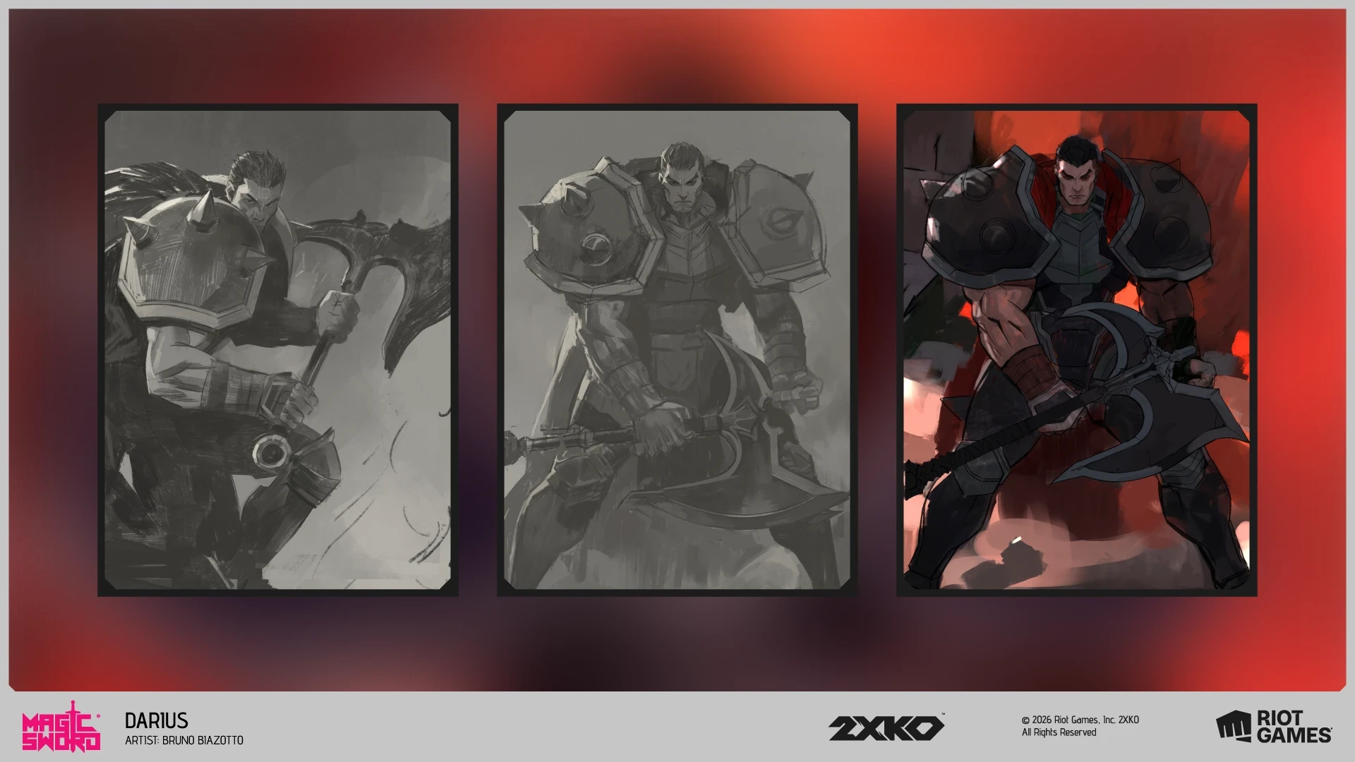 Process breakdown for the Darius 2XKO promo card by Bruno Biazotto showing sketch, value study and final artwork
