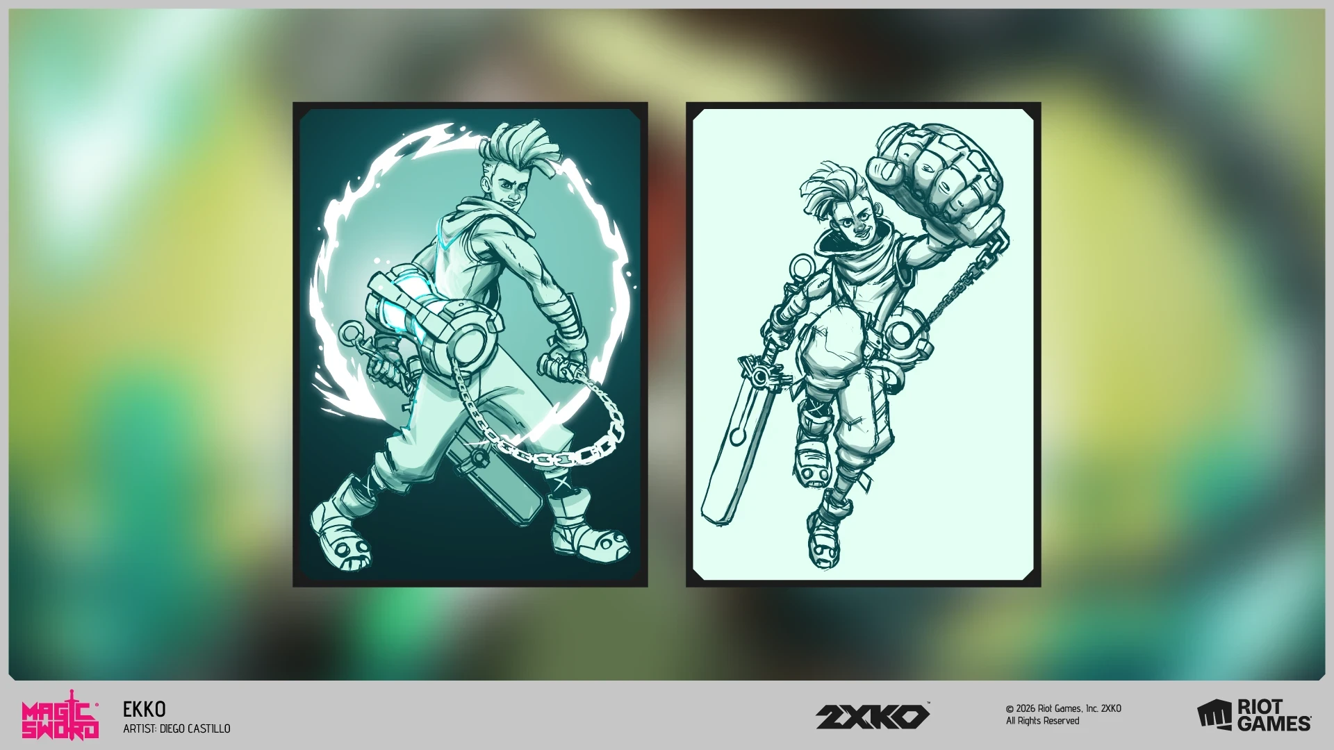 Process breakdown for the Ekko 2XKO promo card by Diego Catillo showing sketch, value study and final artwork