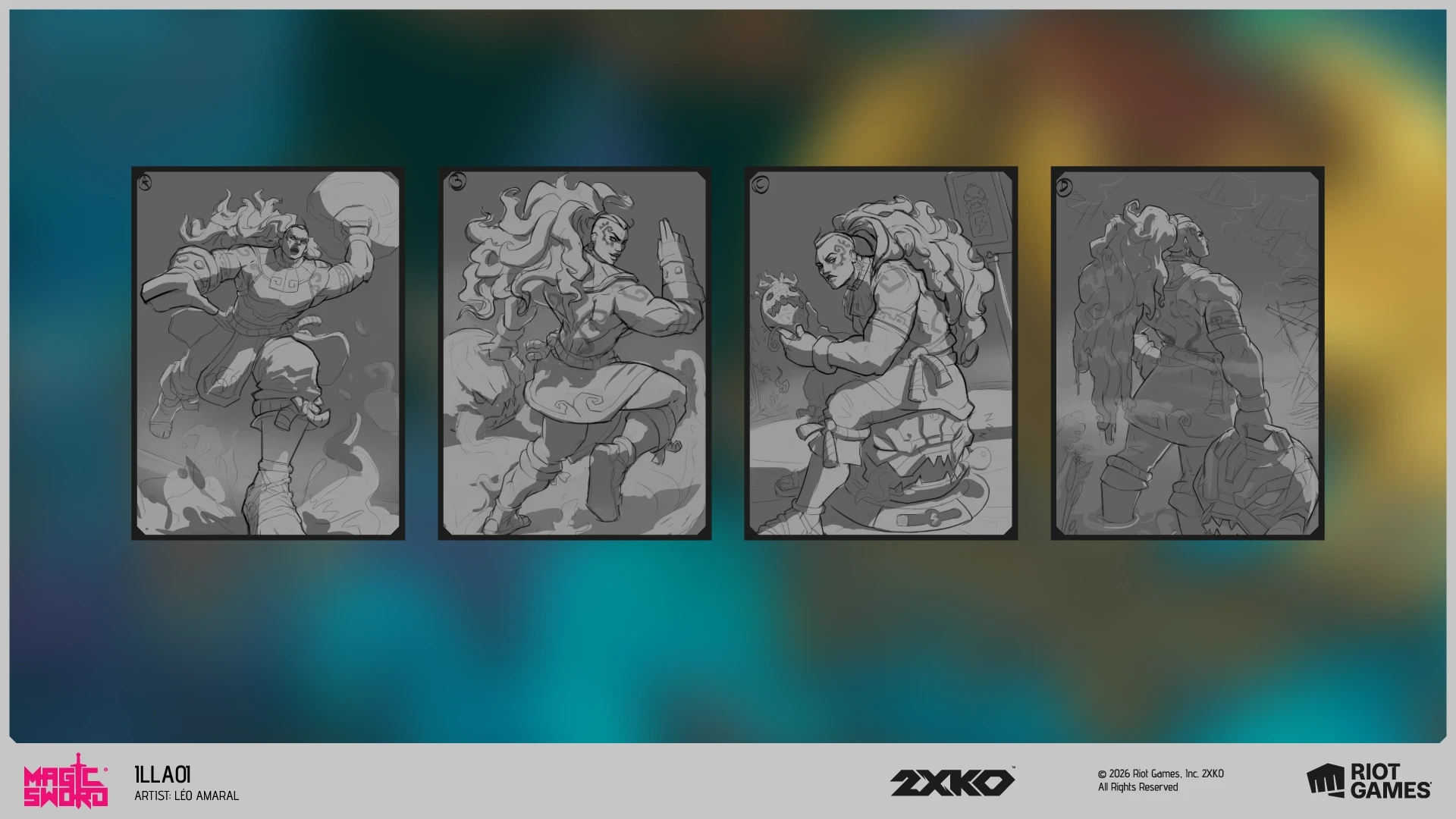 Process breakdown for the Illaoi 2XKO promo card by Leo Amaral showing sketch, value study and final artwork