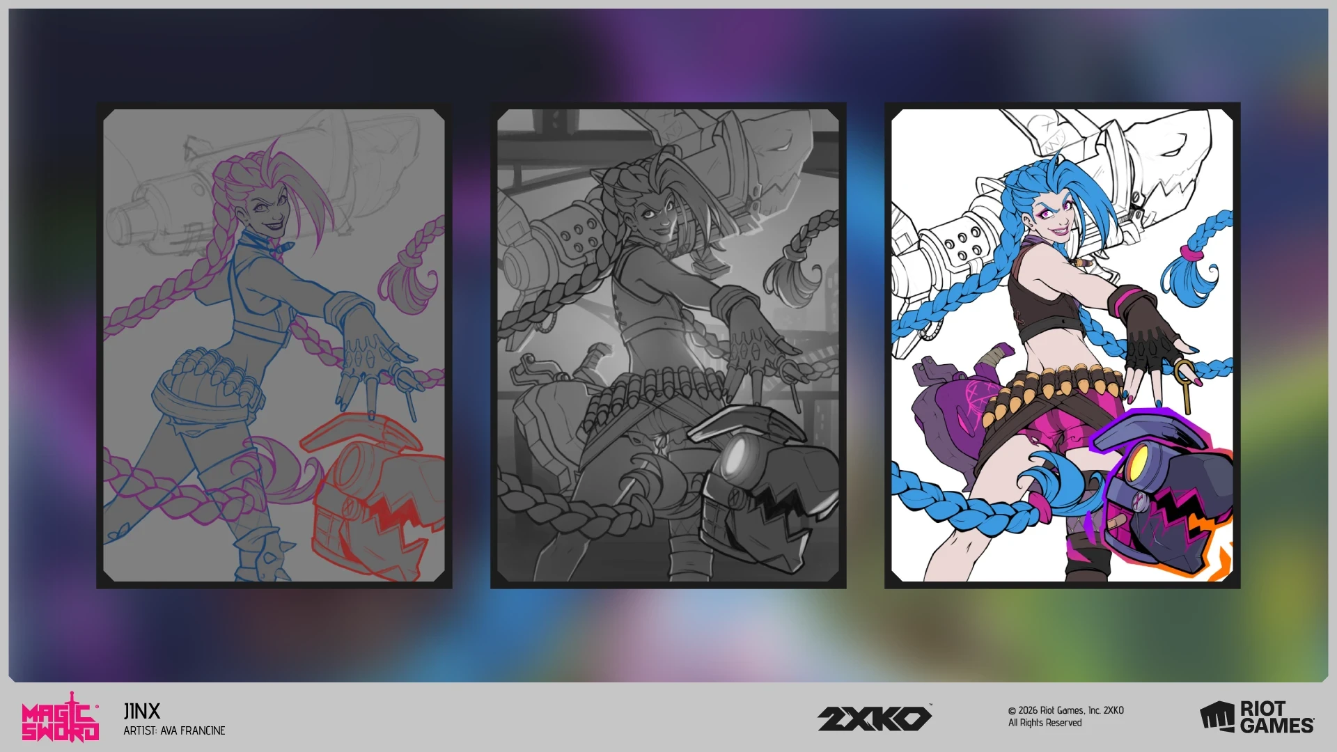 Process breakdown for the Jinx 2XKO promo card by Ava Francine (Pepper) showing sketch, value study and final artwork