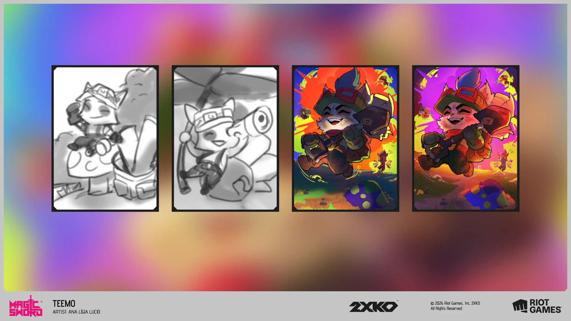 Process breakdown for the Teemo 2XKO promo card by Ana Lígia showing sketch, value study and final artwork