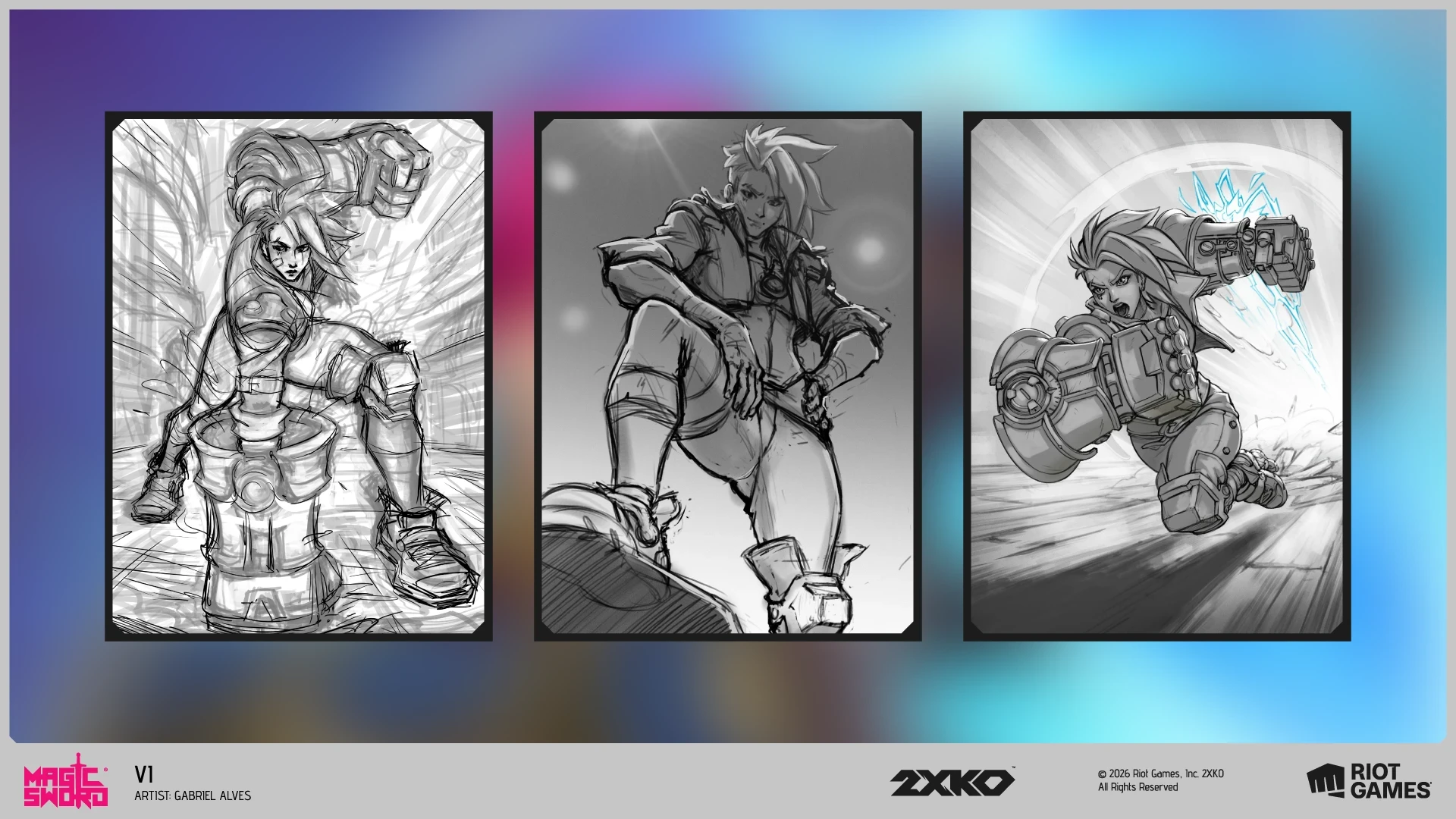 Process breakdown for the VI 2XKO promo card by Gabriel Alves showing sketch, value study and final artwork