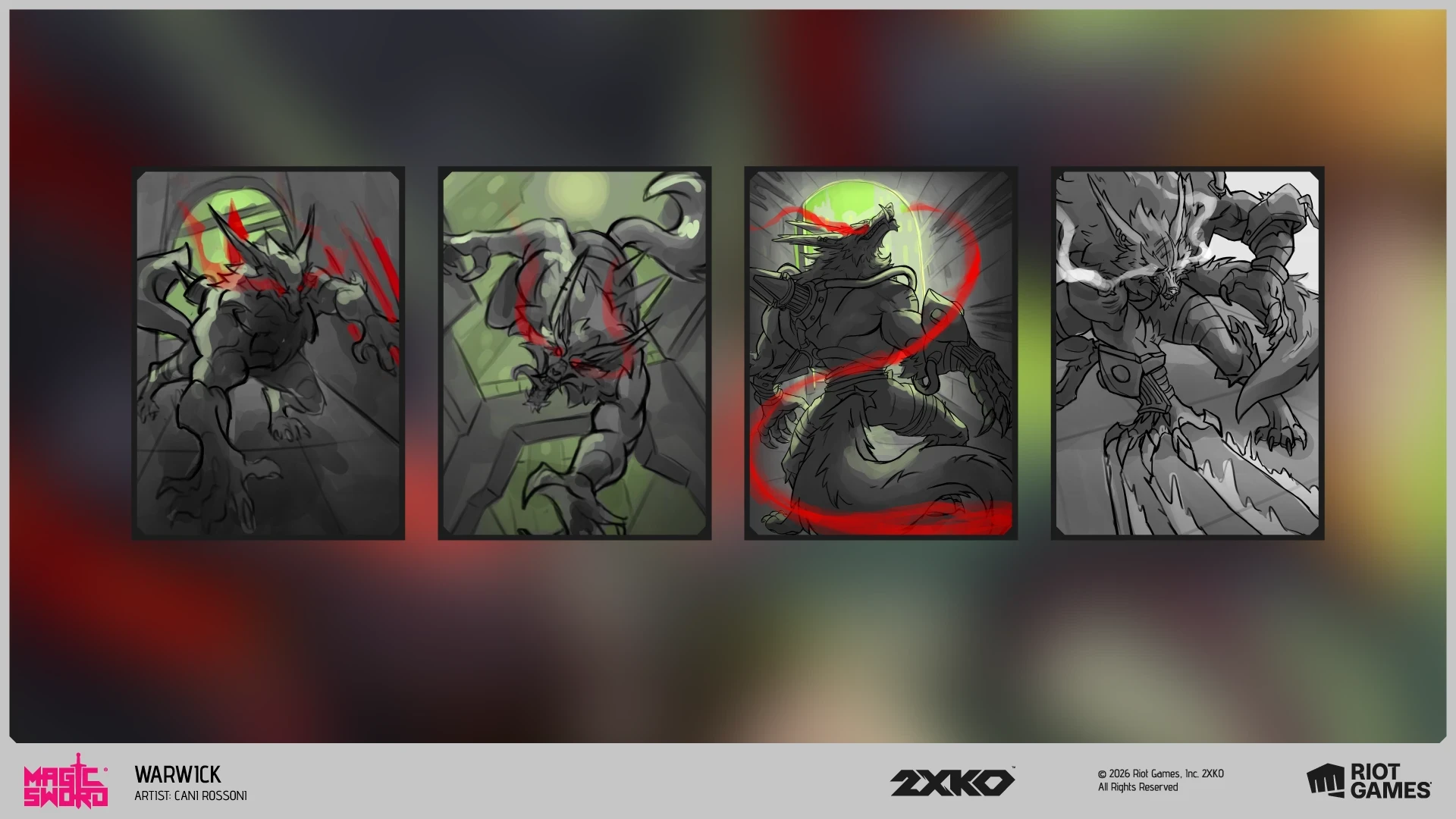 Process breakdown for the Warwick 2XKO promo card by Camila Rossoni showing sketch, value study and final artwork