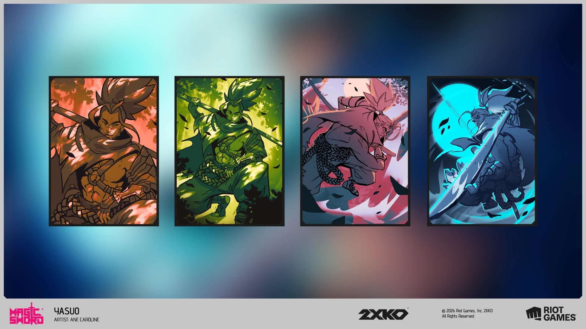 Process breakdown for the Yasuo 2XKO promo card by Ane Caroline showing sketch, value study and final artwork