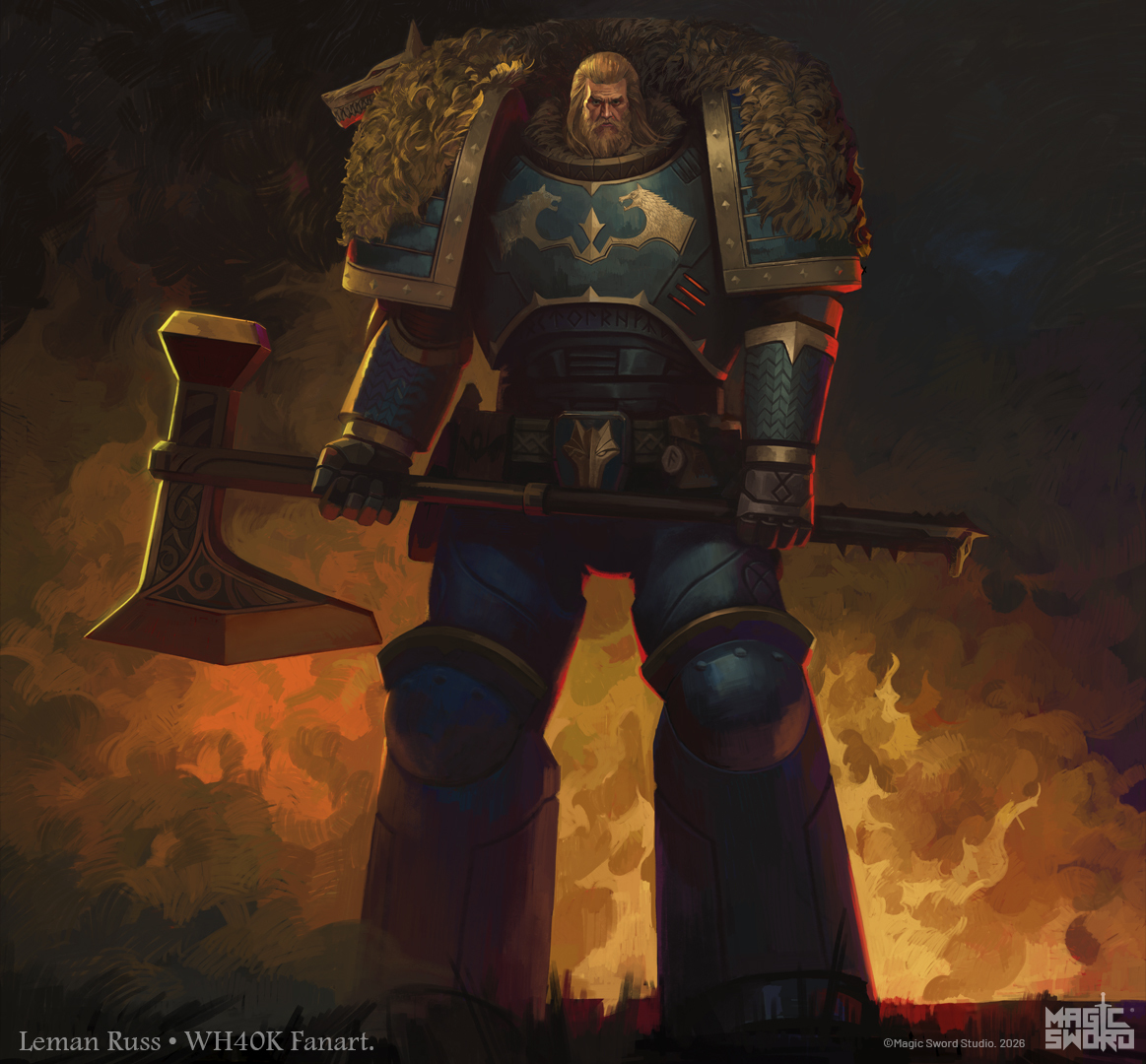 Leman Russ in wolf-pelt power armour holding an axe against a burning sky, Warhammer 40,000 fan art by Magic Sword Studio