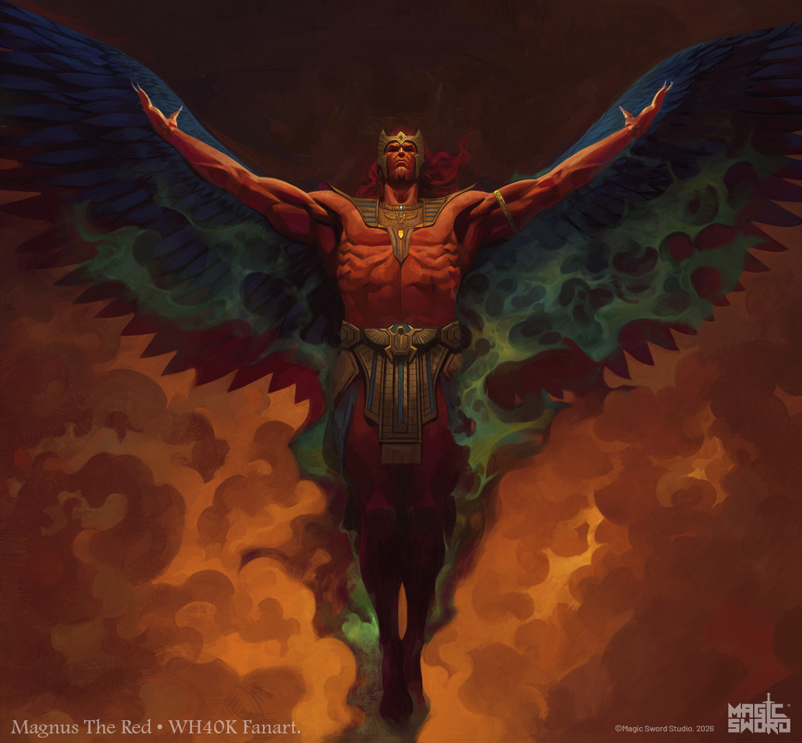 Magnus the Red standing with wings spread above fire, Warhammer 40,000 fan art by Magic Sword Studio