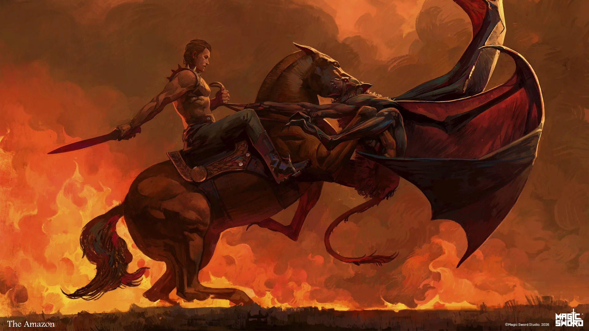 A rider on horseback driving back a winged demon against a wall of fire, from The Amazon. Cover for the +Illustration collection